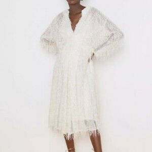 Zara cream embellished fringe midi dress